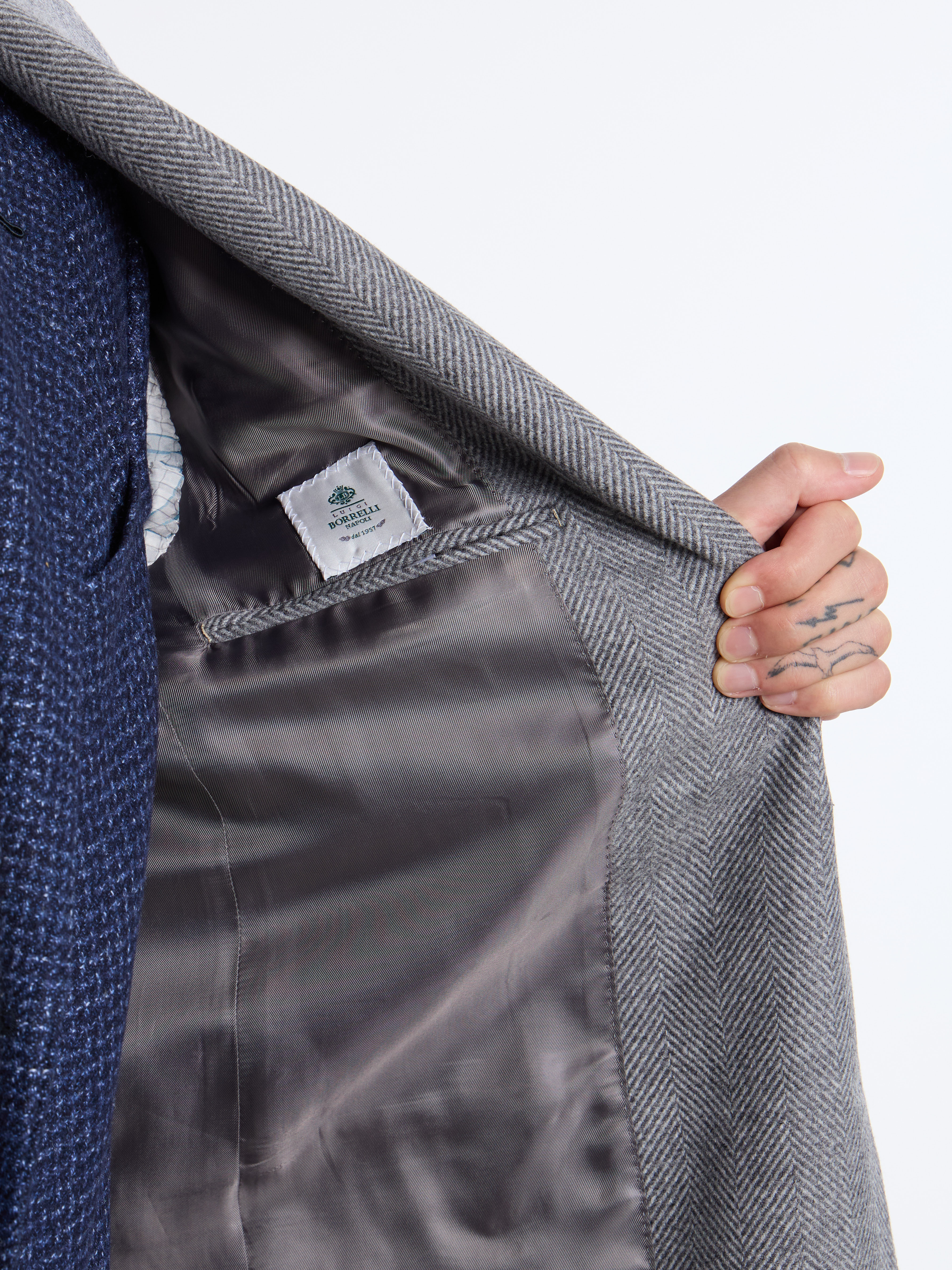 SINGLE-BREASTED WOOL/CASHMERE HERRINGBONE COAT - GREY - LUIGI